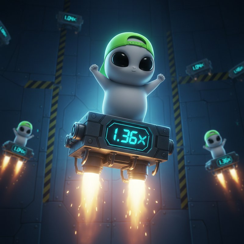 Jumper slot game: gray alien character with backwards green cap standing on metallic rocket-powered platform with glowing multiplier display against dark industrial spacecraft background